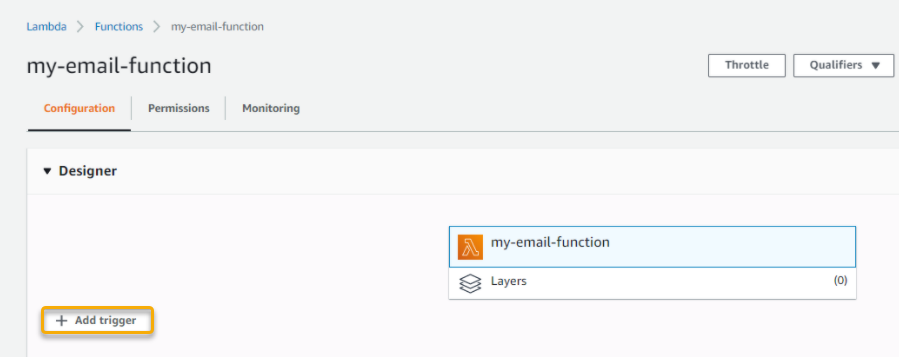 On the my email function page the Configuration tab is selected and the + Add trigger button is highlighted